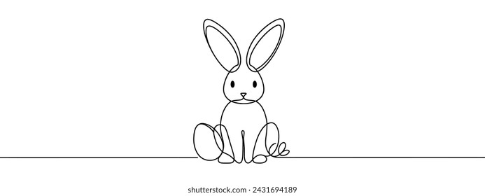 Continuous one line drawing of Easter Bunny. Cute rabbit silhouette with ears in simple minimalistic style for spring design greeting card and web banner. Editable stroke. Linear Vector illustration