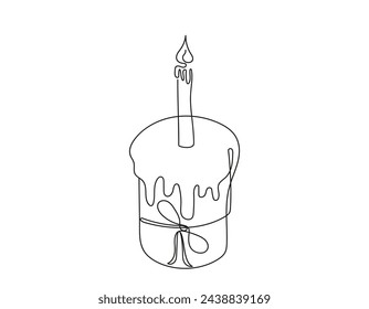 Continuous one line drawing of Easter Kulich cake with a lit candle. Traditional Easter cupcake. Birthday cake. Vector isolated on white background. Design element for print, greeting, invitation