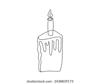 Continuous one line drawing of Easter Kulich cake with single lit candle. Slice of Birthday cupcake. Vector isolated on white. Design element for print, greeting, scrapbooking, invitation