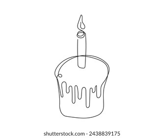Continuous one line drawing of Easter Kulich cake with a lit candle. Traditional Easter cupcake. Birthday cake. Vector isolated on white background. Design element for print, greeting, scrapbooking.
