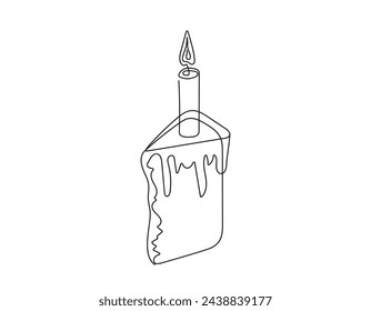 Continuous one line drawing of Easter Kulich cake with lit candle. Slice of Birthday cupcake. Vector isolated on white. Design element for print, greeting, coloring book, scrapbooking, invitation