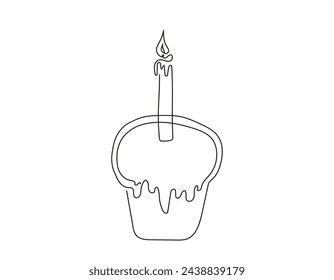 Continuous one line drawing of Easter Kulich cake with a lit candle. Traditional Easter cupcake. Birthday cake. Vector isolated on white backdrop Design element for print, greeting, scrapbooking.
