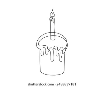Continuous one line drawing of Easter Kulich cake with a lit candle. Traditional Easter cupcake. Birthday cake. Vector isolated on white backdrop. Design element for print, greeting, invitation