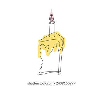 Continuous one line drawing of Easter Kulich cake with lit candle. Slice of Birthday cupcake. Colored vector isolated on white. Design element for print, greeting, scrapbooking, invitation