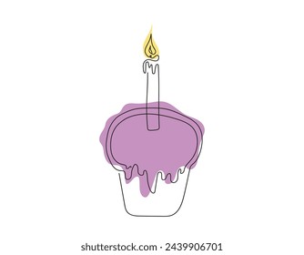 Continuous one line drawing of Easter Kulich cake with a lit candle. Colored Easter cupcake. Birthday cake. Vector isolated on white backdrop. Design element for greeting, invitation, print