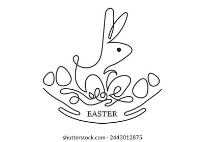 Continuous one line drawing of Easter Bunny. Cute rabbit silhouette with ears and eggs in simple linear style for spring design greeting card and web banner.Minimalistic Vector illustration