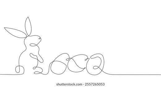 Continuous one line drawing of Easter Bunny and eggs. Cute rabbit silhouette with ears in simple linear style for spring design greeting card and web banner.
