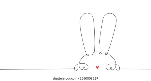 Continuous one line drawing of Easter Bunny ears. Cute rabbit silhouette with ears and heart in simple linear style for spring design greeting card and web banner.