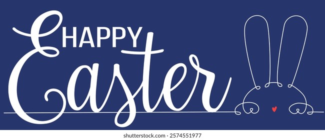 Continuous one line drawing of Easter Bunny ears. Cute rabbit silhouette with ears in simple linear style and heart for spring design greeting card and web banner on blue background