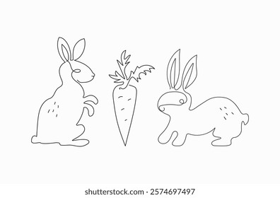 Continuous one line drawing of easter bunny, rabbit, carrot. Animals, sketch. Cute silhouette of hare with ears in simple minimalist style. 