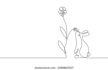 Continuous One Line Drawing of Easter Bunny with Flower. Easter Rabbit in Simple Linear Style for Spring Minimalist Design. Editable Stroke. Doodle Vector Illustration for Easter Greeting Card. Not AI