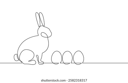 Continuous One Line Drawing of Easter Bunny with Eggs. Easter Rabbit in Simple Linear Style for Spring Minimalist Design. Editable Stroke. Doodle Vector Illustration for Easter Greeting Card