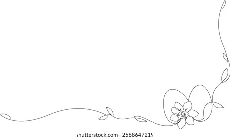 Continuous one line drawing of Easter decoration with eggs and spring flowers. Happy Easter greeting banner design. Vector illustration, editable stroke.