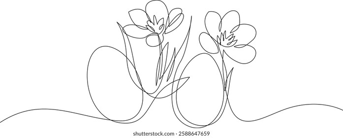 Continuous one line drawing of Easter eggs with spring flowers. Happy Easter greeting banner minimalist design. Vector illustration, editable stroke.