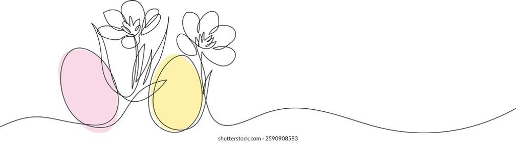 Continuous one line drawing of Easter eggs with spring flowers. Happy Easter greeting banner minimalist design. Vector illustration, editable stroke.