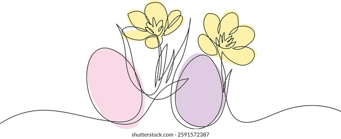 Continuous one line drawing of Easter eggs with spring flowers. Happy Easter greeting banner minimalist design. Vector illustration, editable stroke.