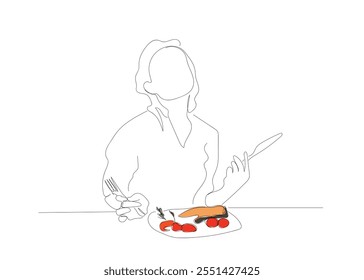 Um desenho contínuo de uma linha comendo bife de salmão gourmet grelhado com legumes. Mulher almoçando sozinha. Alimentação saudável. Bifes de salmão de peixe assado. Vetor feito à mão não AI.