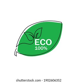 Dibujo continuo de una línea con una pegatina ECO. Ilustración vectorial perfecta para tarjetas de felicitación, invitaciones a fiestas, afiches, pegatinas, ropa. Silhouette de una hoja ecológica.
