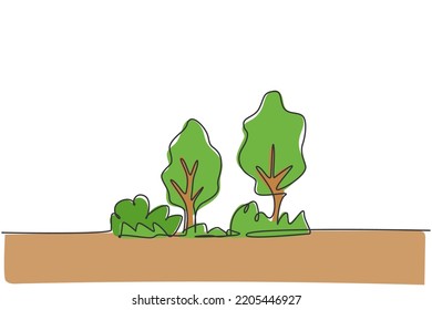 Continuous one line drawing of eco green tree with bush for garden icon. Natural ecology park logo hand drawn minimalist concept. Modern single line draw design vector graphic illustration