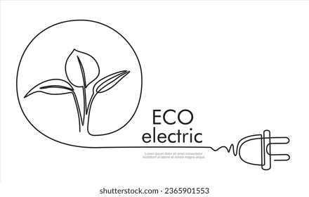 Continuous one line drawing of 
 Eco plug with leaf. Save energy icon.Energy saving symbol. Vector