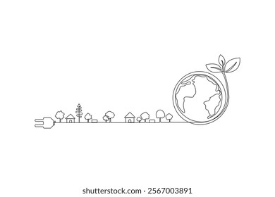 Continuous One Line Drawing Ecology and Environment Vector Illustration