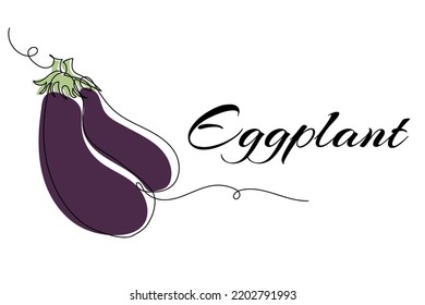 Continuous one line drawing of eggplant. Vector illustration on isolated background.
