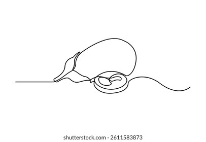 Continuous one line drawing Eggplant, eggplant fruit black sketch isolated on white background, Vector illustration.
