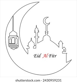 Continuous one line drawing of eid al fitr out line vector art illustration 