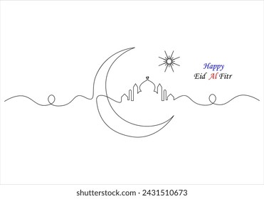 Continuous one line drawing of eid al fitr out line vector art illustration 