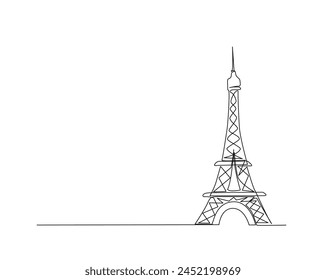 Dibujo continuo de una línea de la torre eiffel - Lugar famoso de parís. Torre Eiffel simple contorno de Ilustración vectorial. Trazo editable.