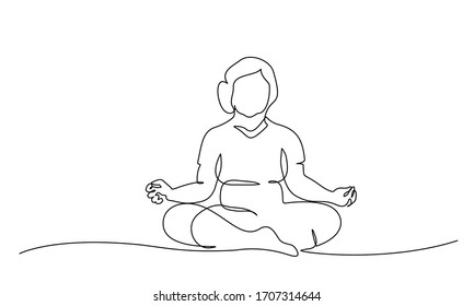 Continuous One Line drawing. Elderly woman doing Yoga Pose Lotus. Vector illustration