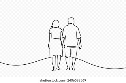 Continuous one line drawing of elderly couple. Single line art illustration on the theme of grandfather and grandmother on a transparent background