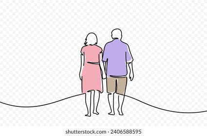 Continuous one line drawing of elderly couple. Single line art illustration on the theme of grandfather and grandmother on a transparent background