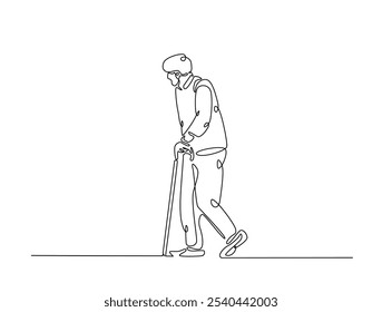 Continuous one line drawing of an elderly man walk using cane walking. Editable vector. 
