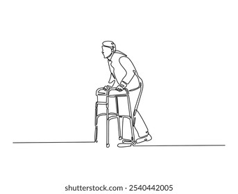 Continuous one line drawing of an elderly man walk using cane walking. Editable vector. 
