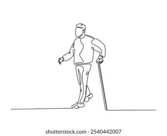 Continuous one line drawing of an elderly man walk using cane walking. Editable vector. 
