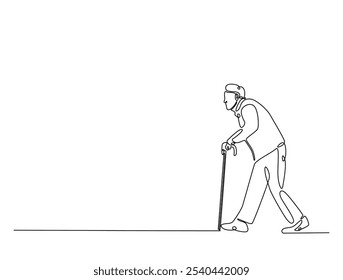 Continuous one line drawing of an elderly man walk using cane walking. Editable vector. 
