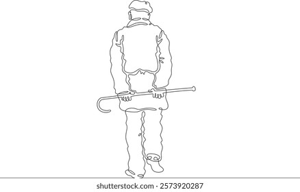 Continuous one line drawing elderly man on a walk. Old man with a cane. Pensioner. One continuous line isolated minimal illustration.Not AI.