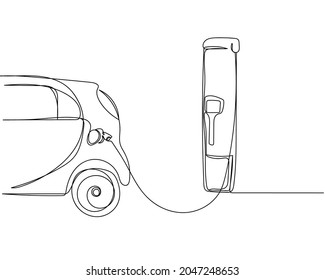 Continuous one line drawing of electric car plug in electric vehicle charging in silhouette on a white background. Linear stylized.Minimalist.