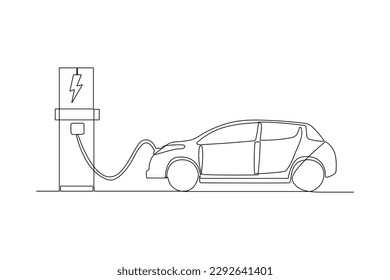 Continuous one line drawing Electric car at charging station. Electric car concept. Single line draw design vector graphic illustration.