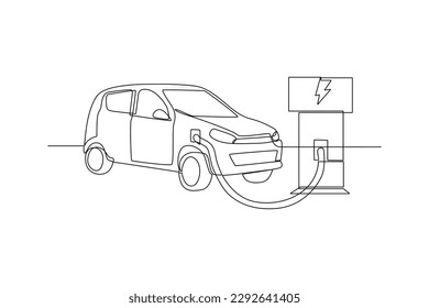 Continuous one line drawing Electric car at charging station. Electric car concept. Single line draw design vector graphic illustration.