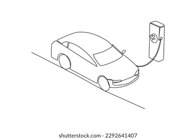 Continuous one line drawing Electric car at charging station. Electric car concept. Single line draw design vector graphic illustration.