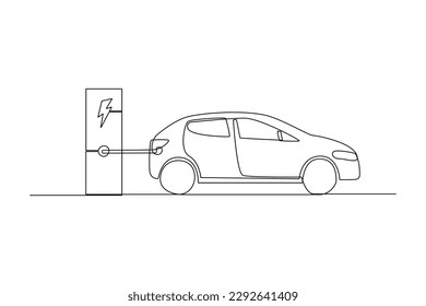 Continuous one line drawing Electric car at charging station. Electric car concept. Single line draw design vector graphic illustration.