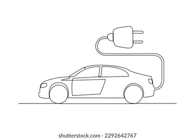 Continuous one line drawing Electric car with plug. Electric car concept. Single line draw design vector graphic illustration.