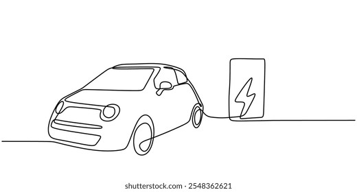 Continuous one line drawing of electric cars and solar panel charging stations, focusing on renewable energy.