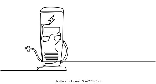 Continuous one line drawing Electric car at charging station. Electric car concept. Single line draw design vector graphic illustration, Continuous One Line Drawing Electric Car Icons Concept.