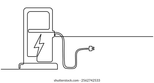 Continuous one line drawing Electric car at charging station. Electric car concept. Single line draw design vector graphic illustration, Continuous One Line Drawing Electric Car Icons Concept.