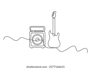 Continuous one line drawing electric guitar with amplifier. Rock music illuminated stage background with microphone electric guitar and speakers. Vector illustration