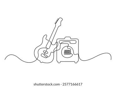 Continuous one line drawing electric guitar with amplifier. Rock music illuminated stage background with microphone electric guitar and speakers. Vector illustration