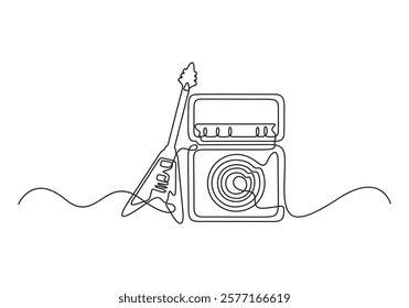 Continuous one line drawing electric guitar with amplifier. Rock music illuminated stage background with microphone electric guitar and speakers. Vector illustration